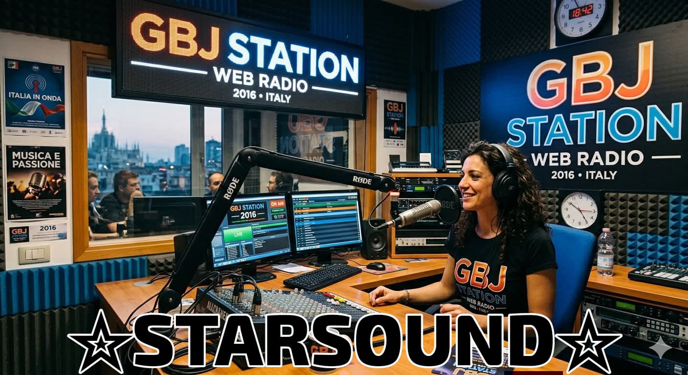 Donna in studio radio con cuffie, microfoni e schermi, sfondo GBJ Station e scritta Starsound.