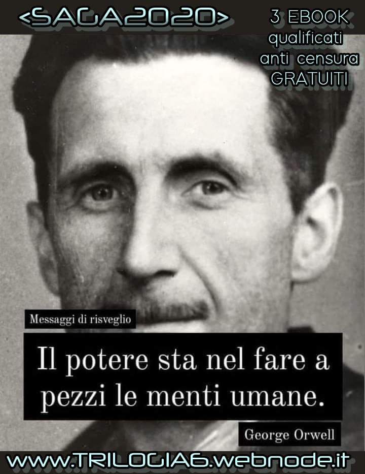 Ritratto in bianco e nero di George Orwell con citazione sovrapposta e testo promozionale.