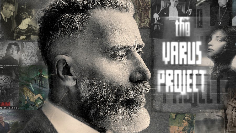 Ritratto in primo piano di un uomo con barba, collage di volti e simboli sullo sfondo.