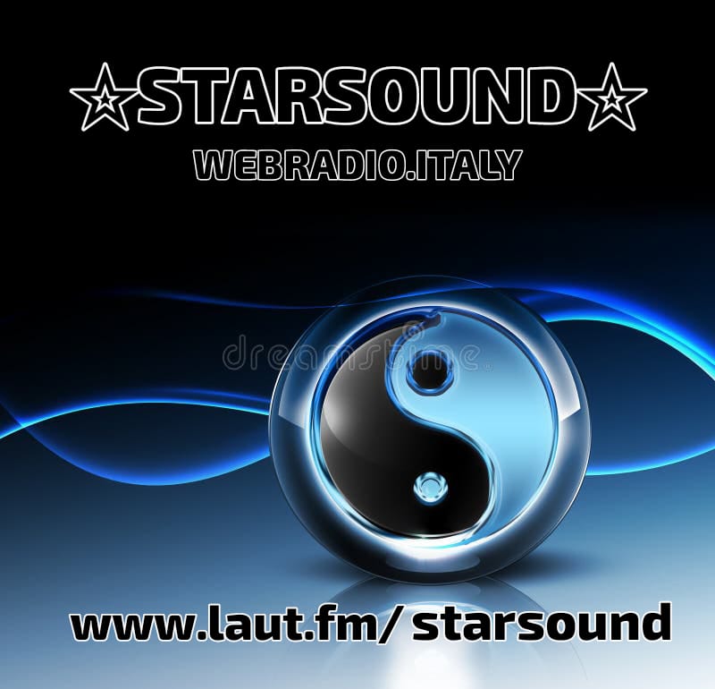Logo Starsound con onde luminose blu e sfera metallica, testo web e URL in basso.