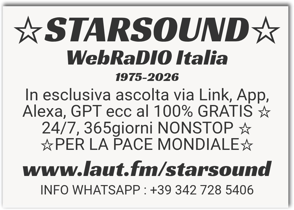 Locandina “Starsound WebRadio Italia” con testo promozionale, stelle, URL e numero WhatsApp in evidenza.
