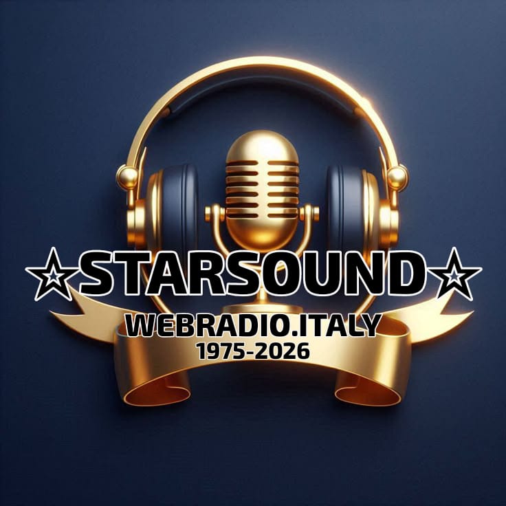 Cuffie dorate con microfono vintage, logo Starsound e scritta Webradio.it Italy 1975-2026 su sfondo blu.